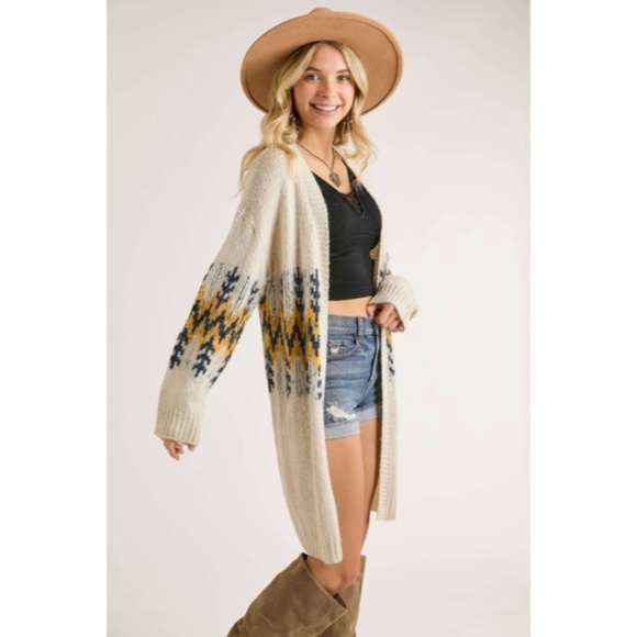 Ivory Mustard Tribal Pattern Puff Sleeve Knit Cardigan Sweater Fall Winter - Picture 5 of 7